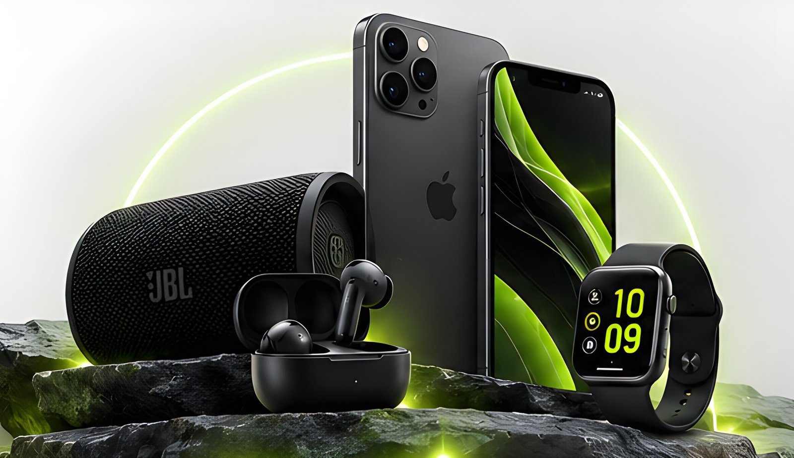 Smartphones, caixa de som, fones e smartwatch
